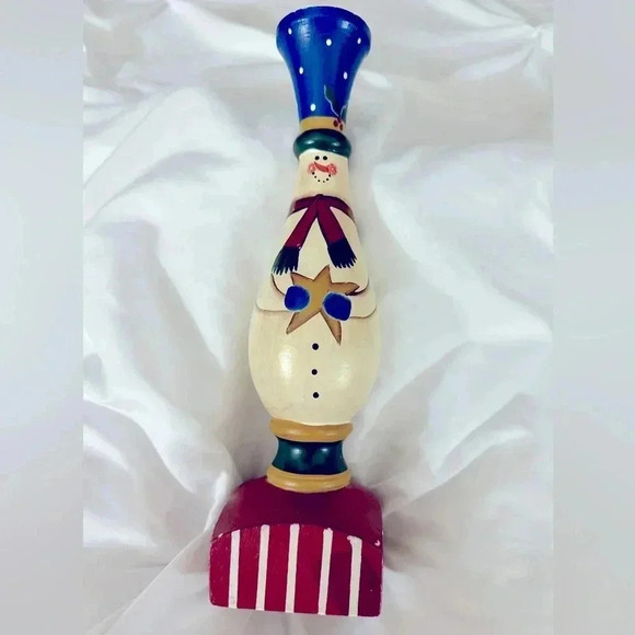 Vintage Other - VTG 90’s Candlestick Christmas Snowman Cottagecore Country Wooden Hand Painted